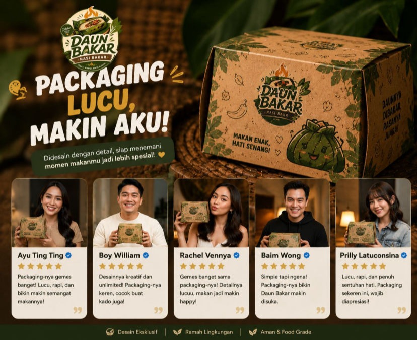 Nasi bakar enak Daun Bakar juga hadir dengan packaging estetik dan rapi sehingga tetap nyaman dinikmati untuk delivery maupun pick up.
