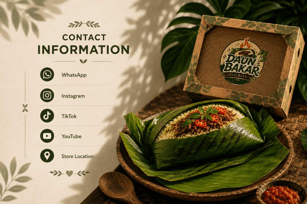 Contact Us Daun Bakar untuk informasi dan pemesanan Nasi bakar enak