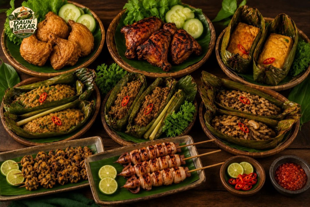Nasi bakar enak dengan pilihan side dish lengkap khas Daun Bakar