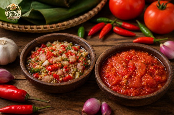 Nasi bakar enak semakin lengkap dengan sambal dadak dan sambal tomat khas Daun Bakar