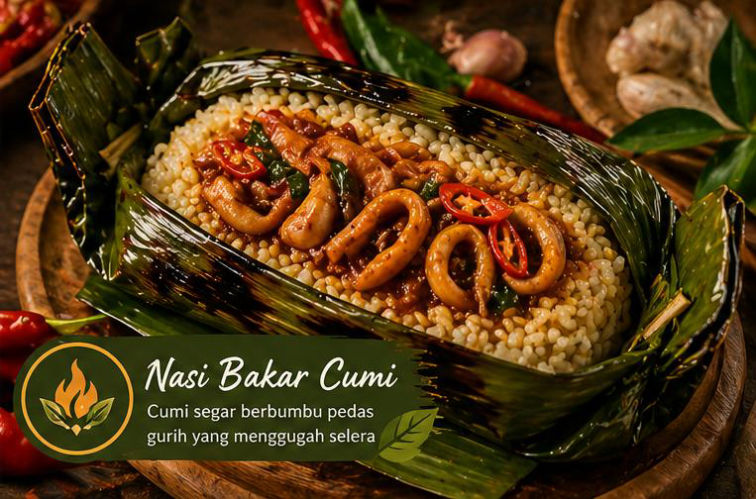 Nasi bakar enak varian cumi dengan aroma daun pisang bakar yang khas dan perpaduan cumi berbumbu pedas gurih yang menggugah selera.