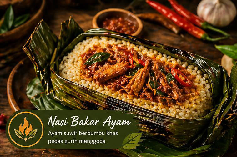 Nasi bakar enak ayam khas Daun Bakar yang dibakar fresh setiap hariSalah satu Macam nasi bakar favorit di Daun Bakar adalah Nasi Bakar Ayam dengan potongan ayam berbumbu gurih pedas yang dimasak hingga meresap.